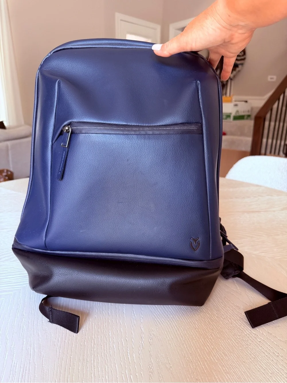Vessel brand Men's Navy Faux-Leather Backpack with Front Zip Pocket